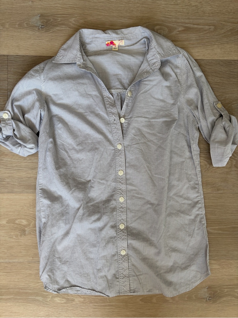 Older Y2K Forever 21 Striped Roll Sleeve Button Up Shirt Size S